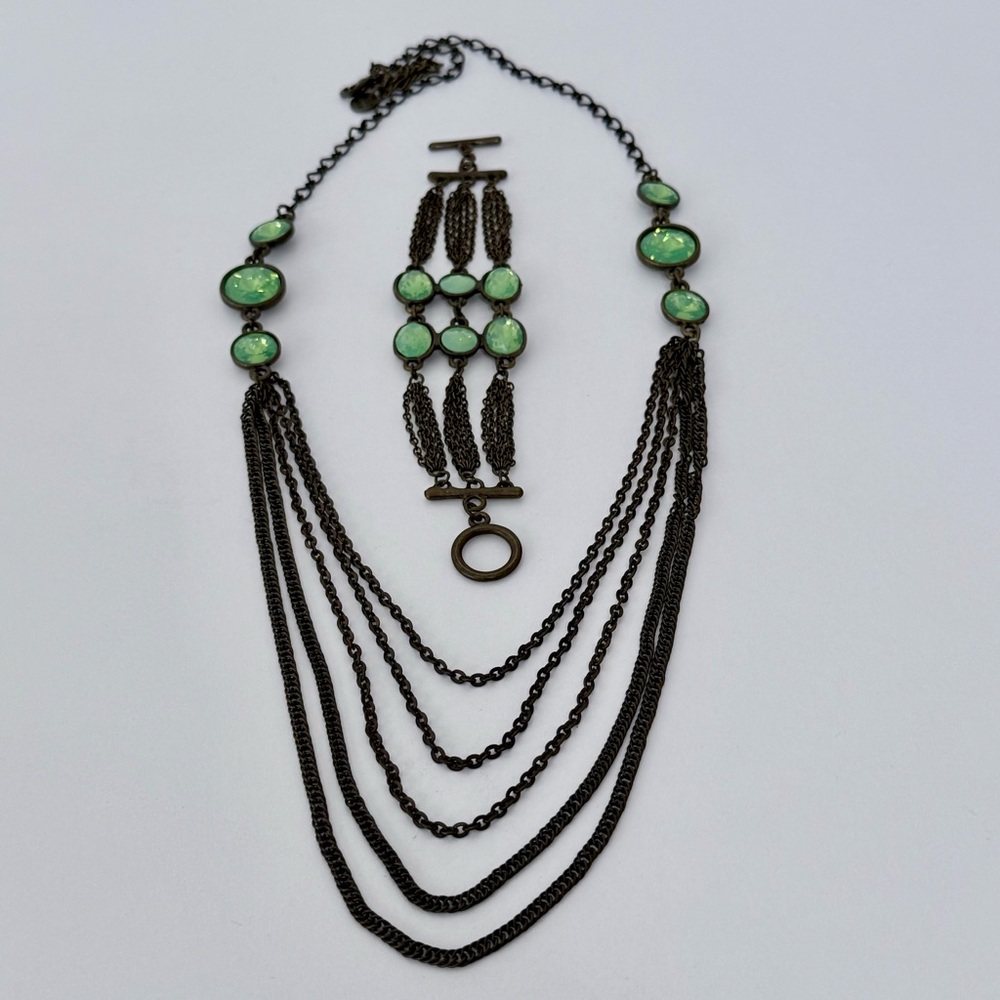 Sweet Lola Antiqued Brass-Sage Green Crystal Multi-Strand Necklace+Bracelet Set